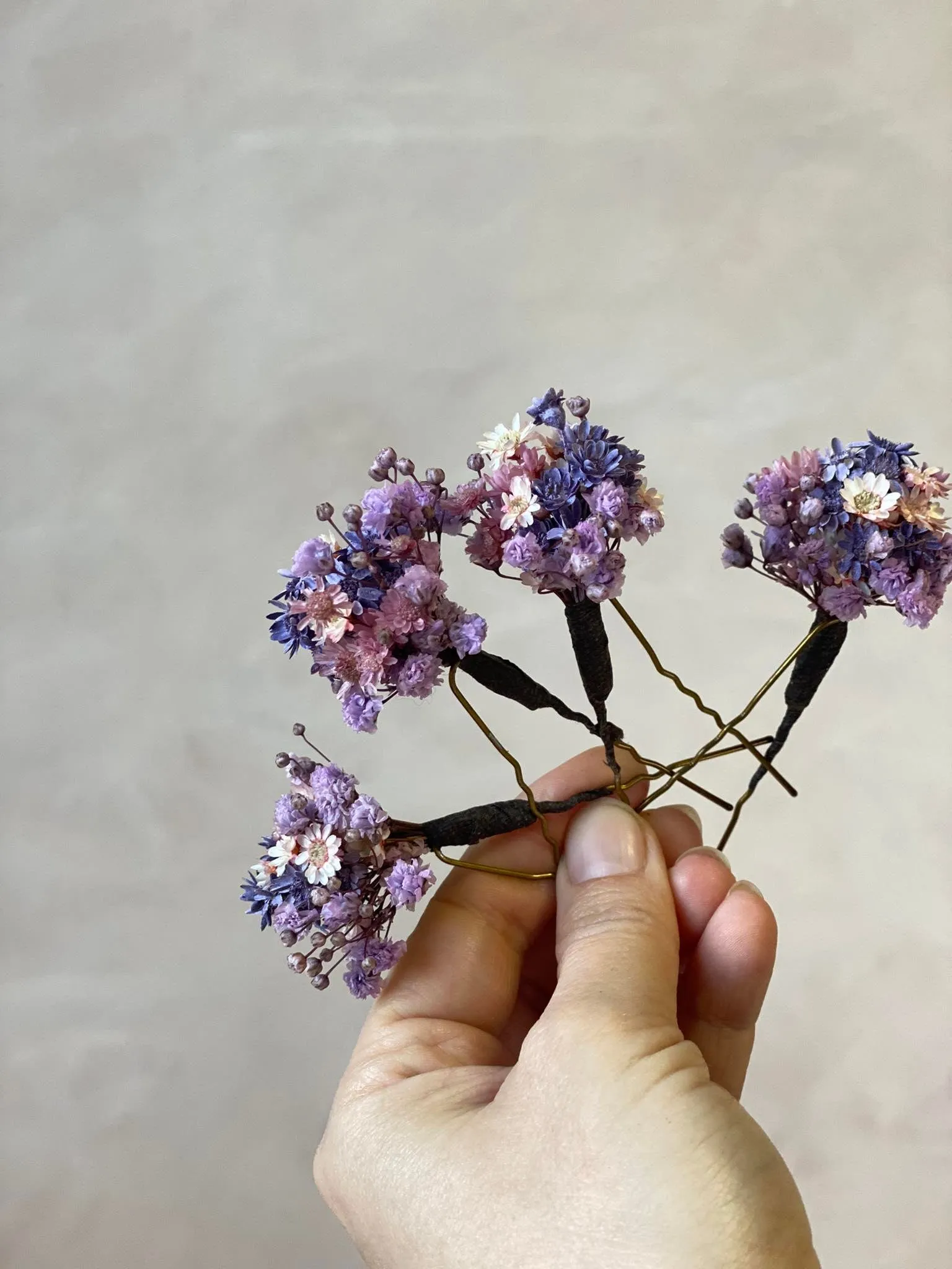 Purple and pink dried flower hairpins